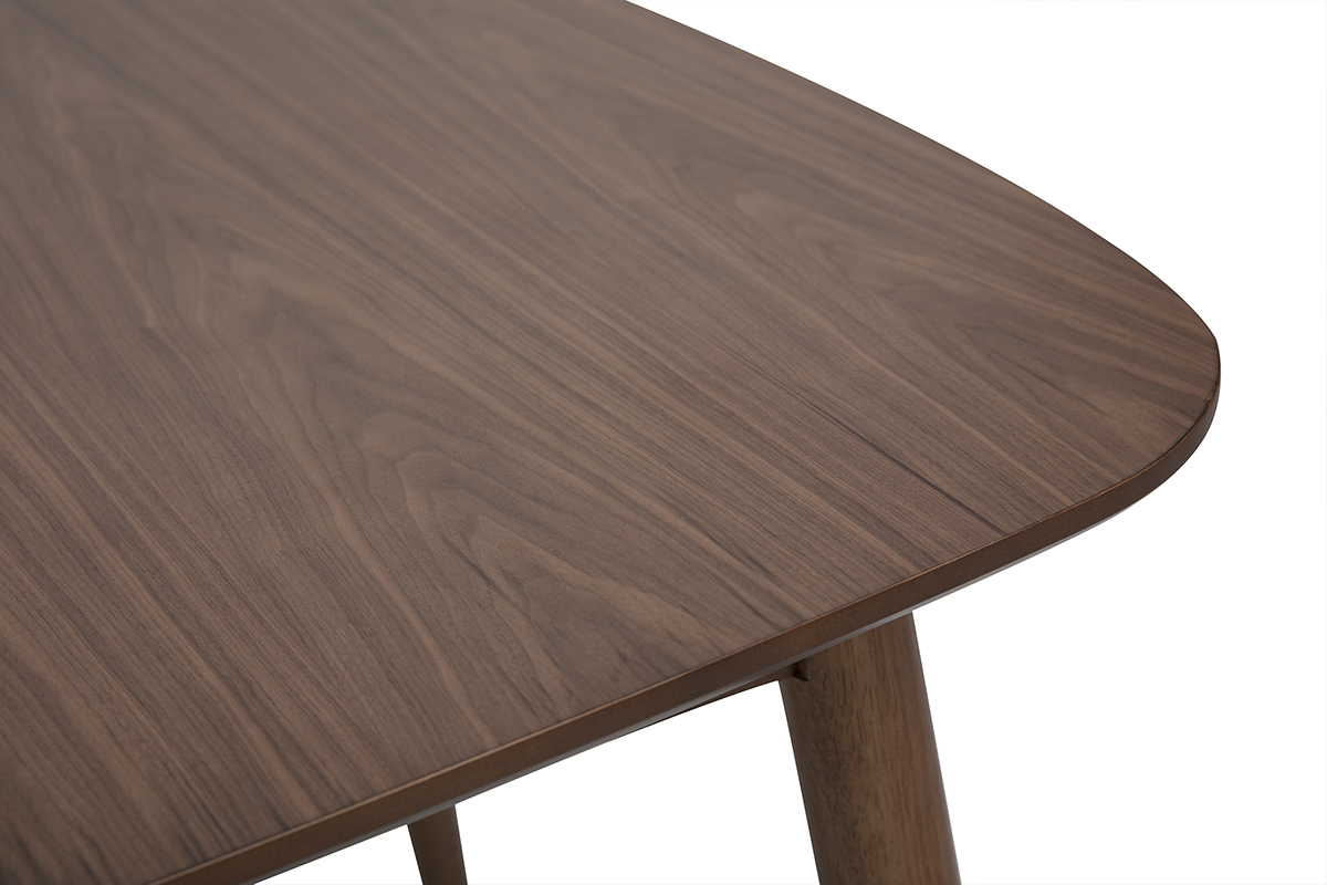Plan de la table � manger rectangulaire extensible en bois fonc� noyer, vue en gros plan.