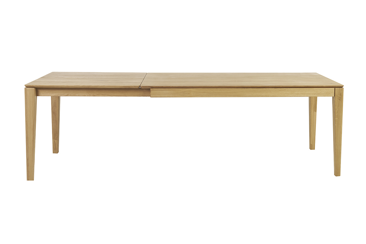 Table  manger rectangulaire en bois clair avec rallonge vue de face.