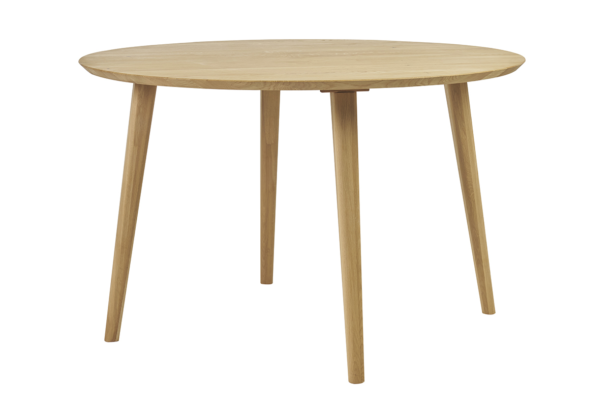 Table � manger ronde en bois clair ch�ne massif, vue de profil.