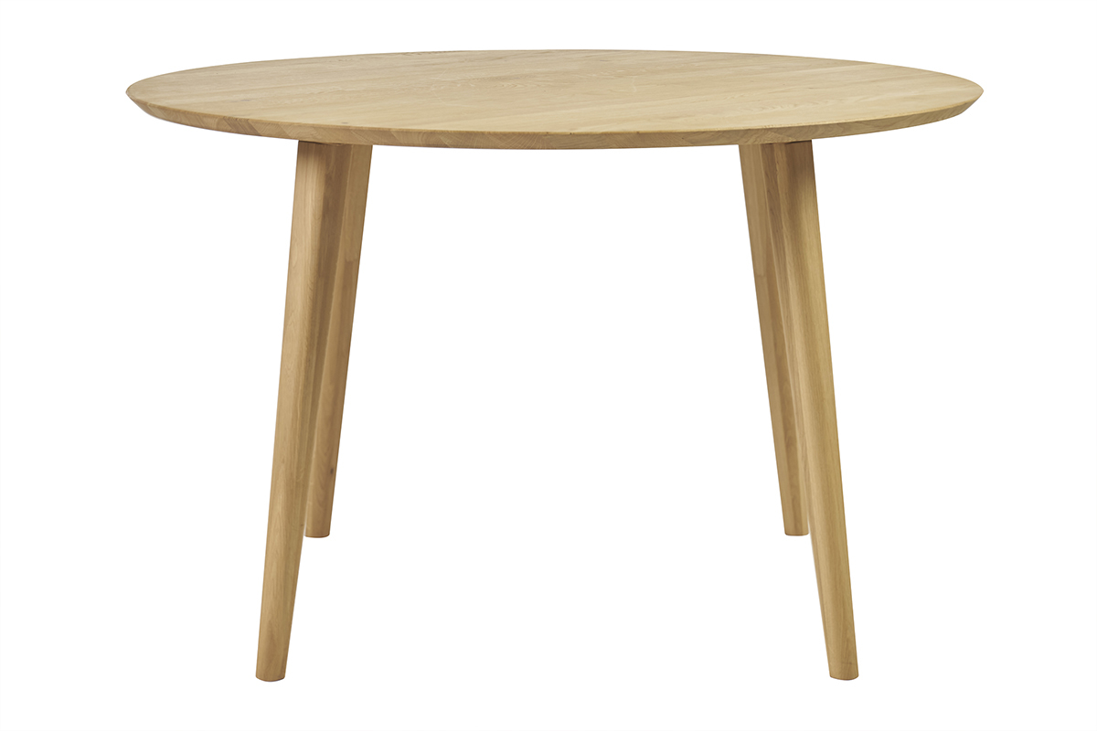 Table � manger ronde en bois clair ch�ne massif, vue de face.