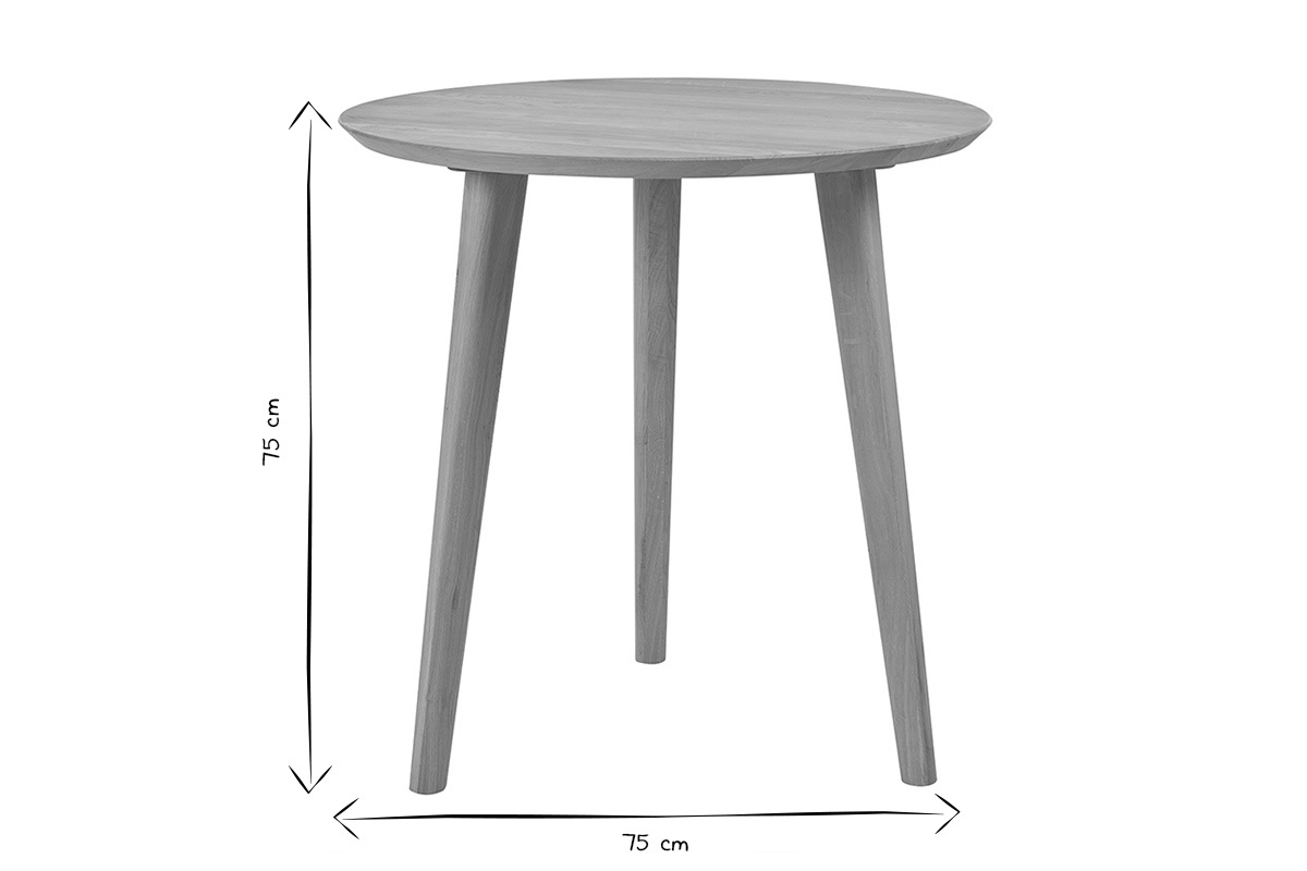 Table ronde ch�ne massif D75 cm, vue avec dimensions, noir et blanc.