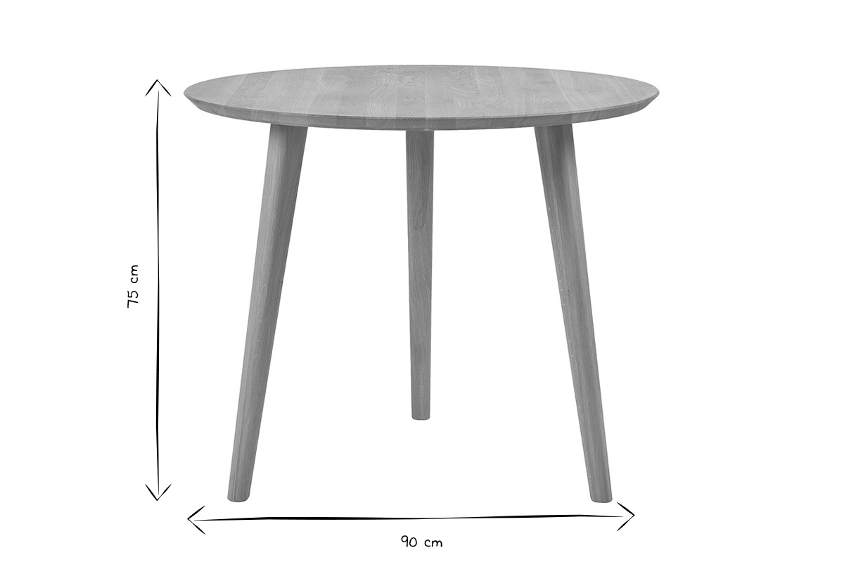 Dimensions de la table ronde en chne, D90 cm, H75 cm, en noir et blanc