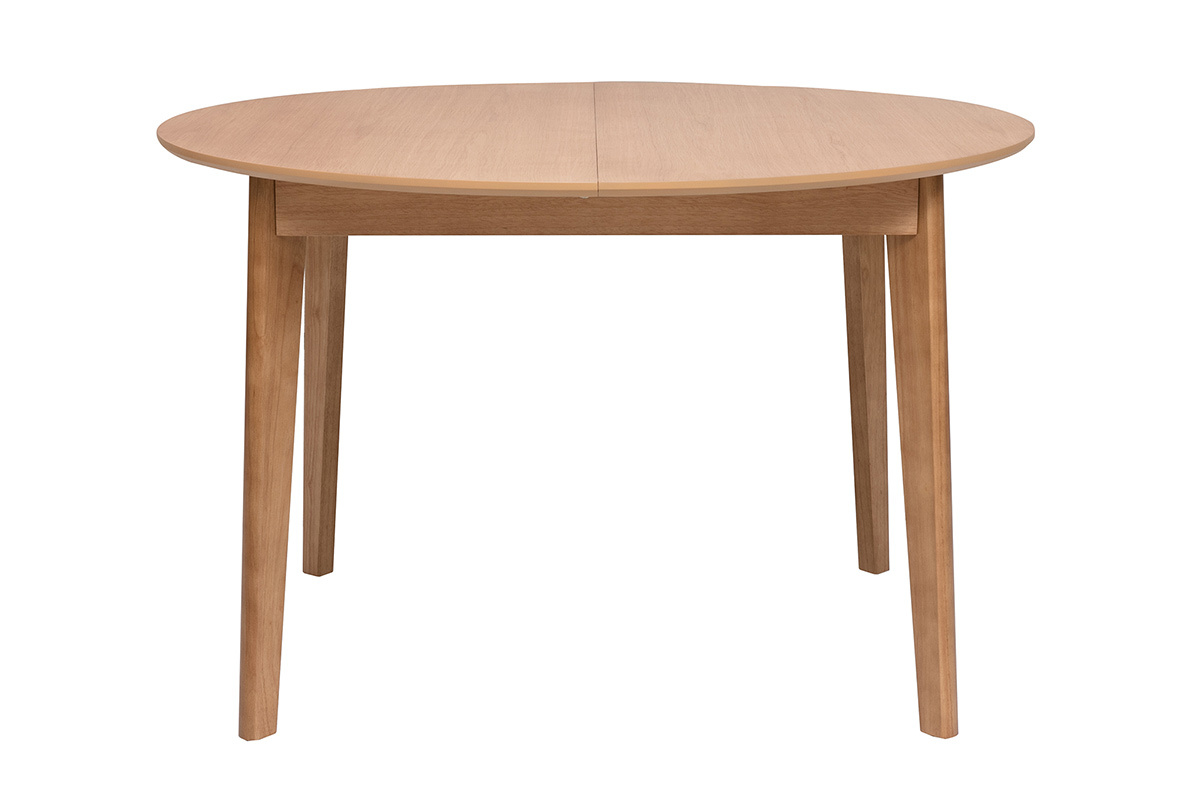 Table ronde extensible en bois clair vue de face.