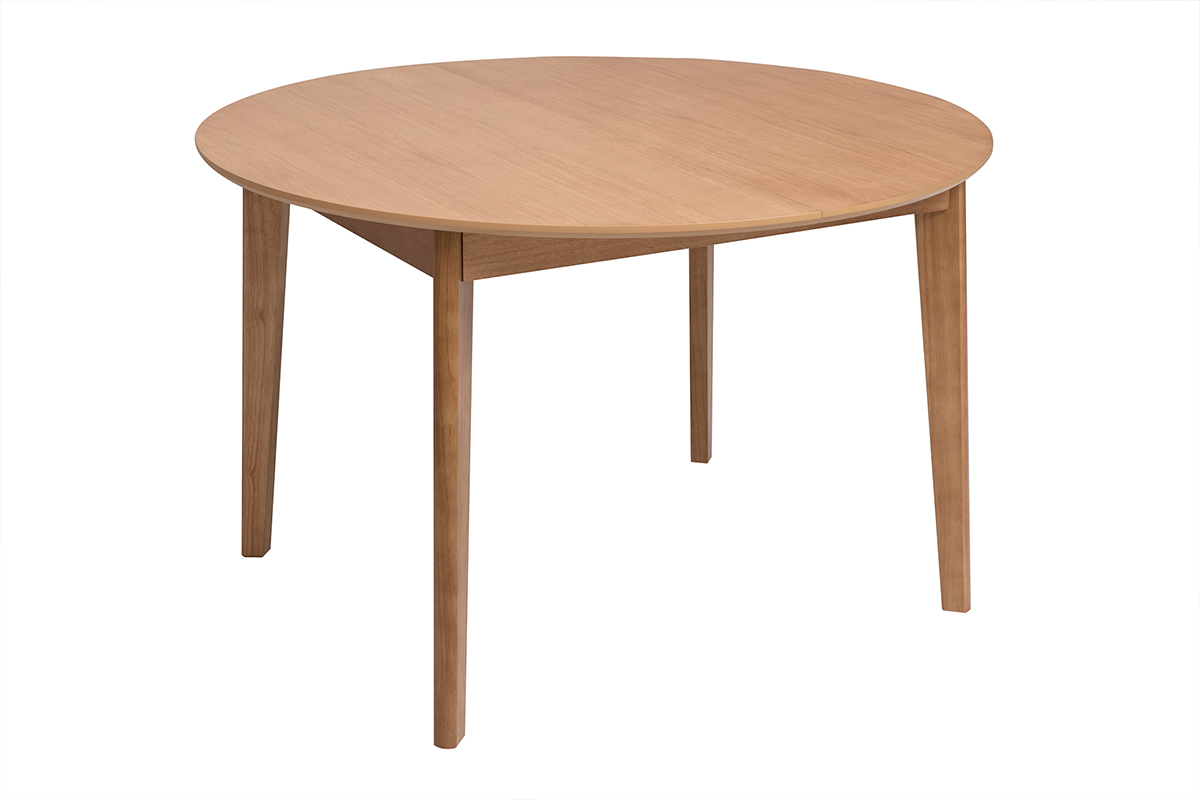 Table � manger ronde en bois clair avec pieds massifs, vue de 3/4.