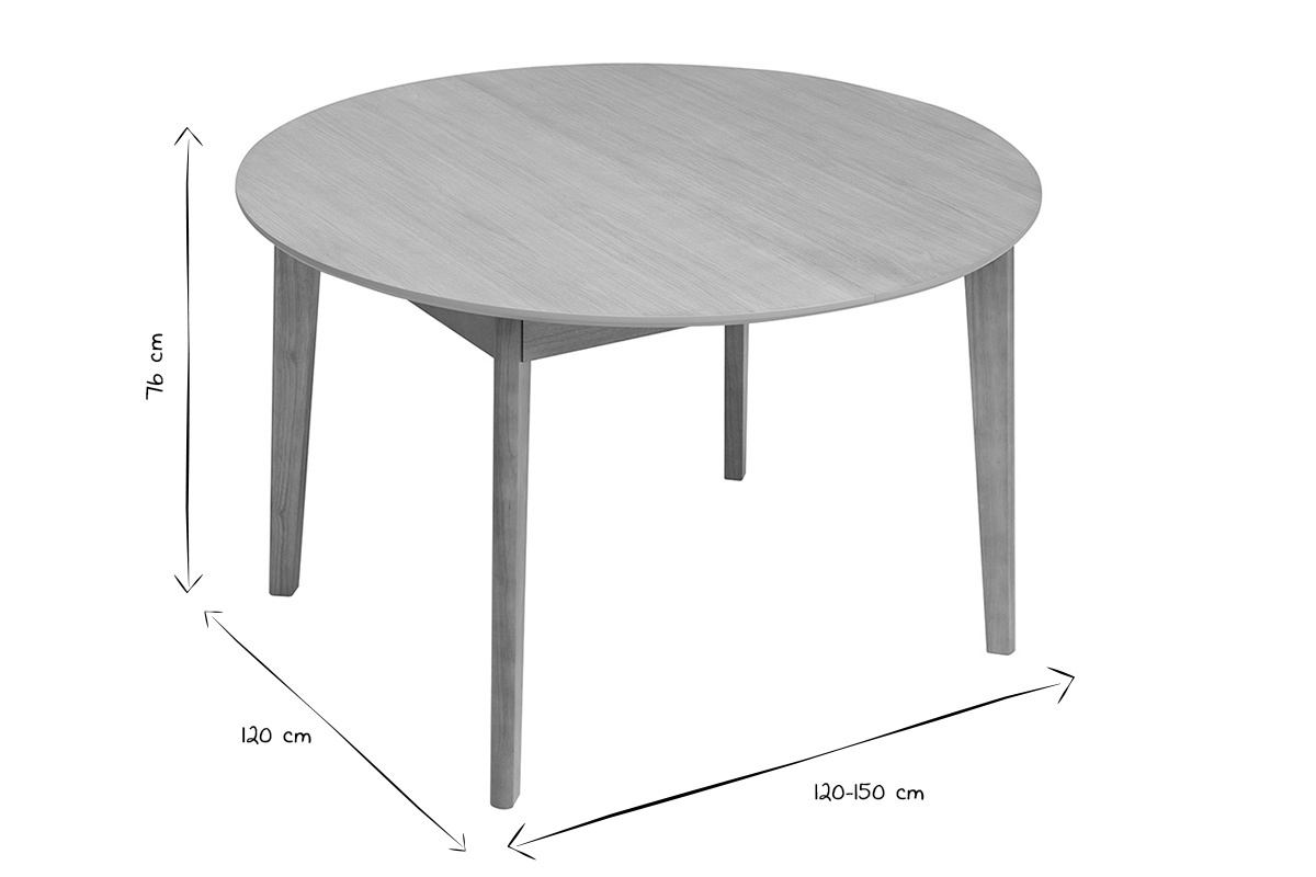 Table � manger ronde extensible en bois clair, vue de biais, dimensions L120-150 x P120 x H76 cm, en noir et blanc.