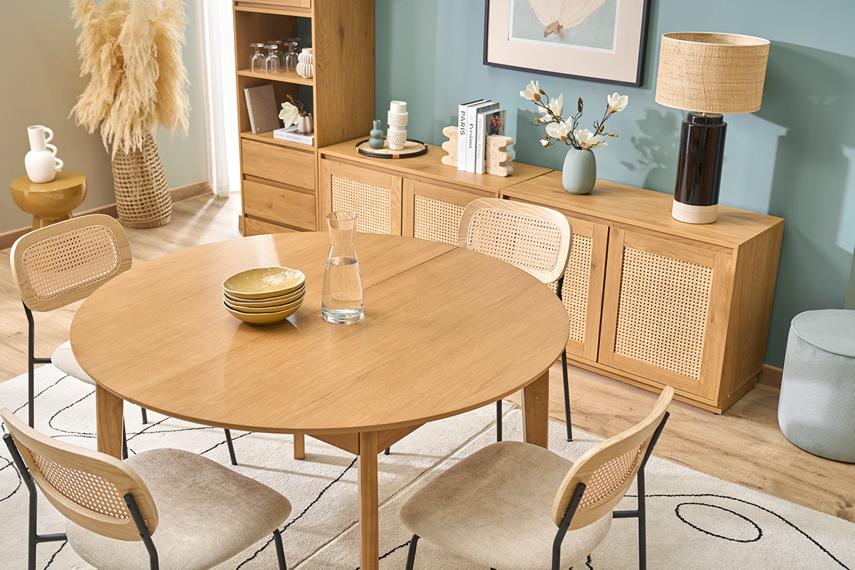Table � manger ronde extensible en bois clair ch�ne L120-150 cm ANSEL