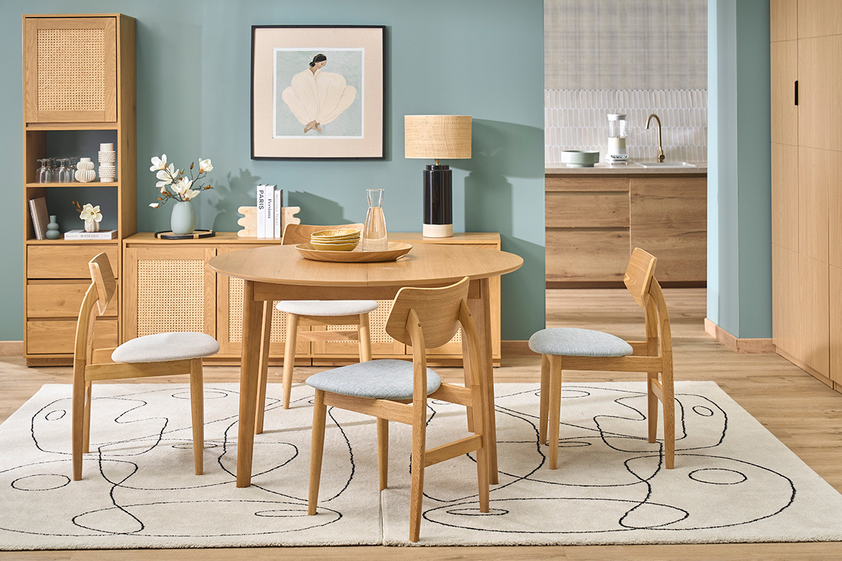 Table � manger ronde extensible en bois clair ch�ne L120-150 cm ANSEL