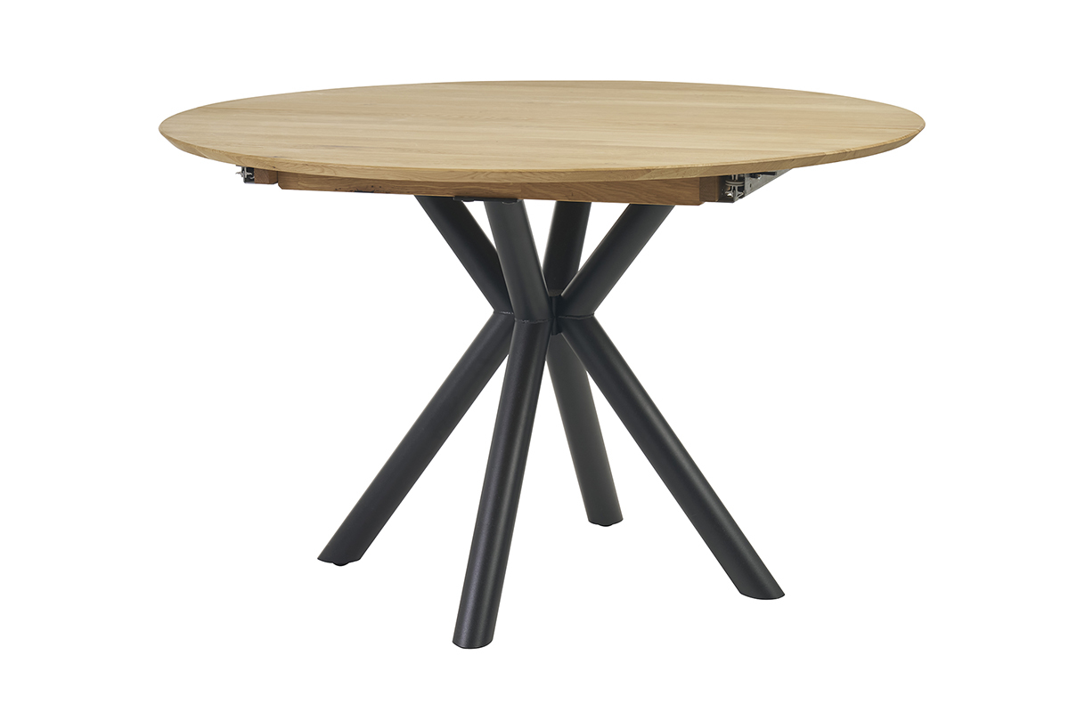 Table � manger ronde extensible en ch�ne massif et m�tal noir, vue de c�t�.