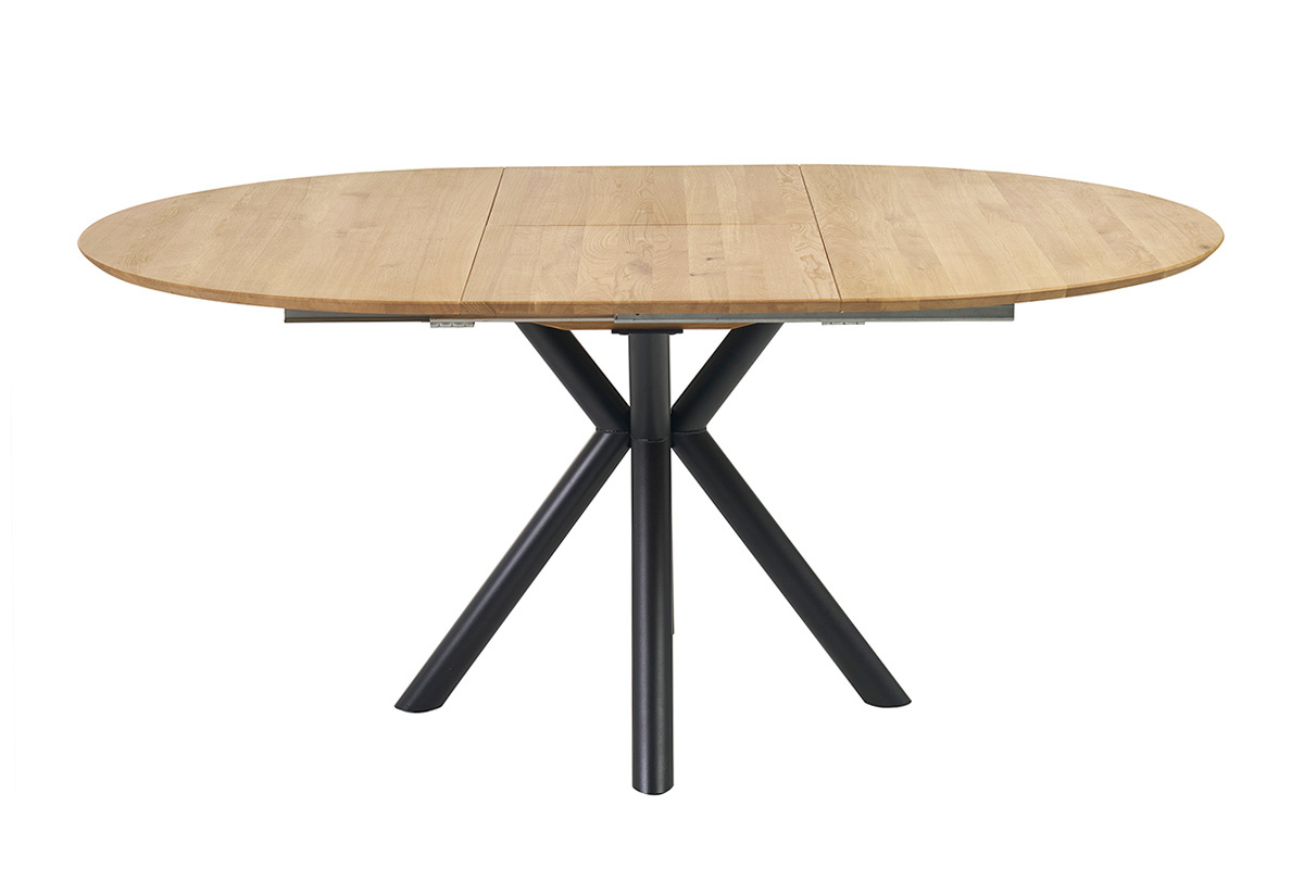 Table ronde extensible en ch�ne massif avec pieds en m�tal noir, vue de face.