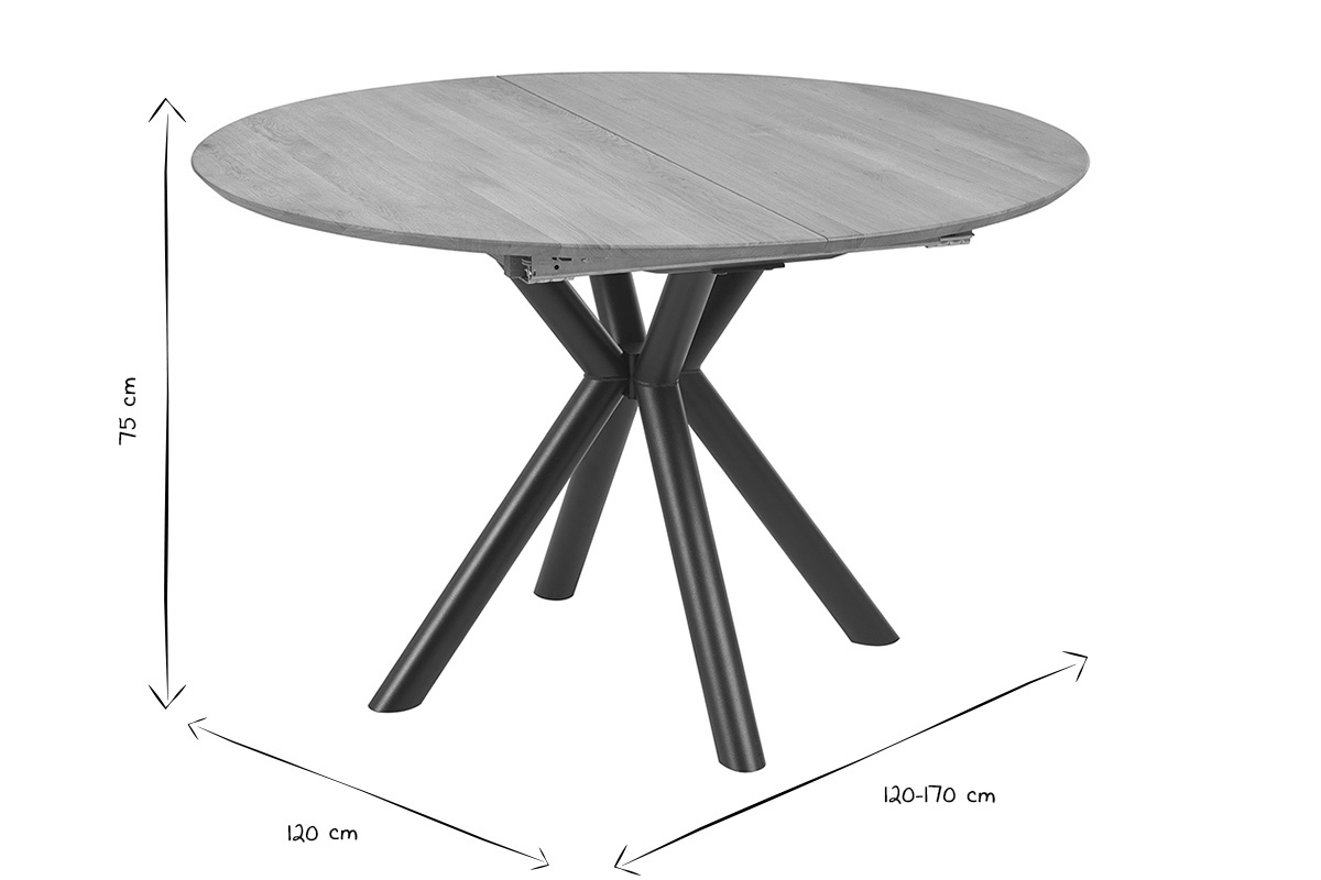 Table ronde extensible OLGA en noir et blanc avec dimensions 120-170 cm de largeur et 75 cm de hauteur.