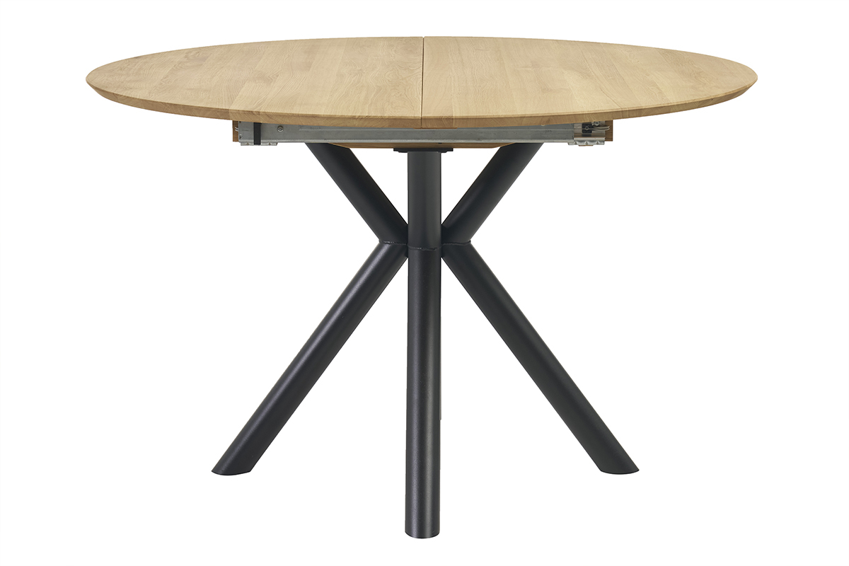 Table � manger ronde extensible en bois clair ch�ne massif et m�tal L120-170 cm OLGA