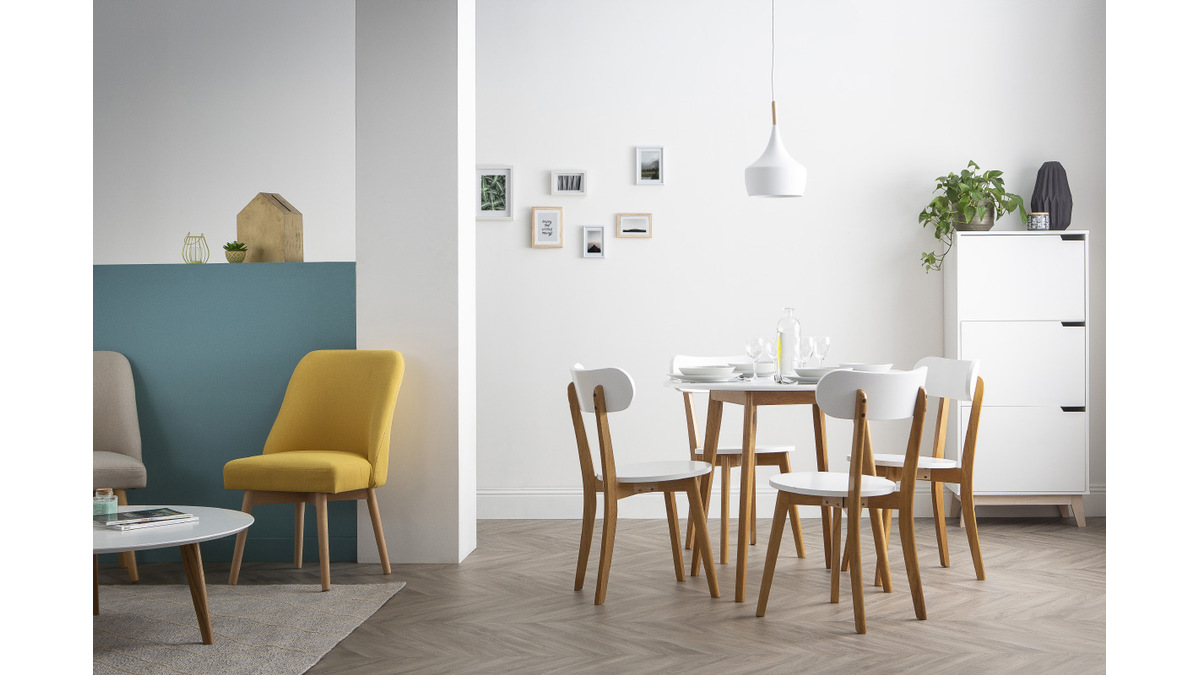 Table  manger scandinave et 4 chaises blanc et bois LEENA