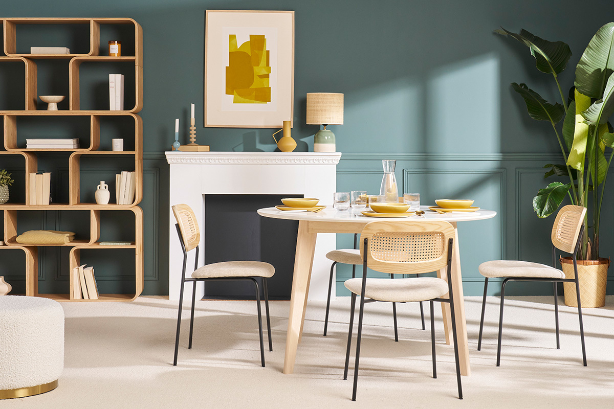 Table  manger scandinave ronde extensible blanc et bois L120-150 cm LEENA