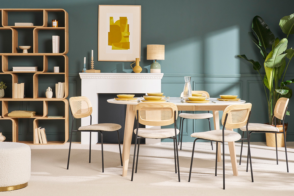 Table  manger scandinave ronde extensible blanc et bois L120-150 cm LEENA