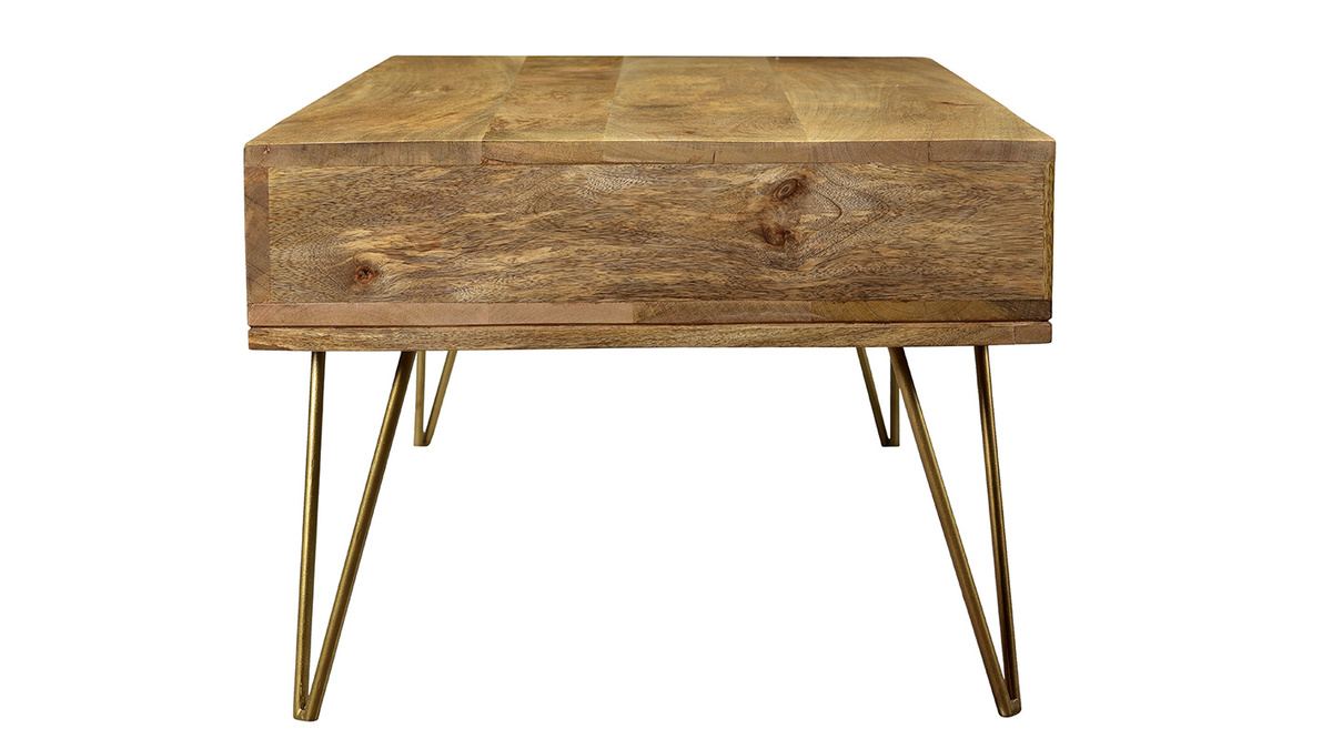 Table basse 2 tiroirs gravée bois clair manguier massif et métal doré L120 cm LINIUM