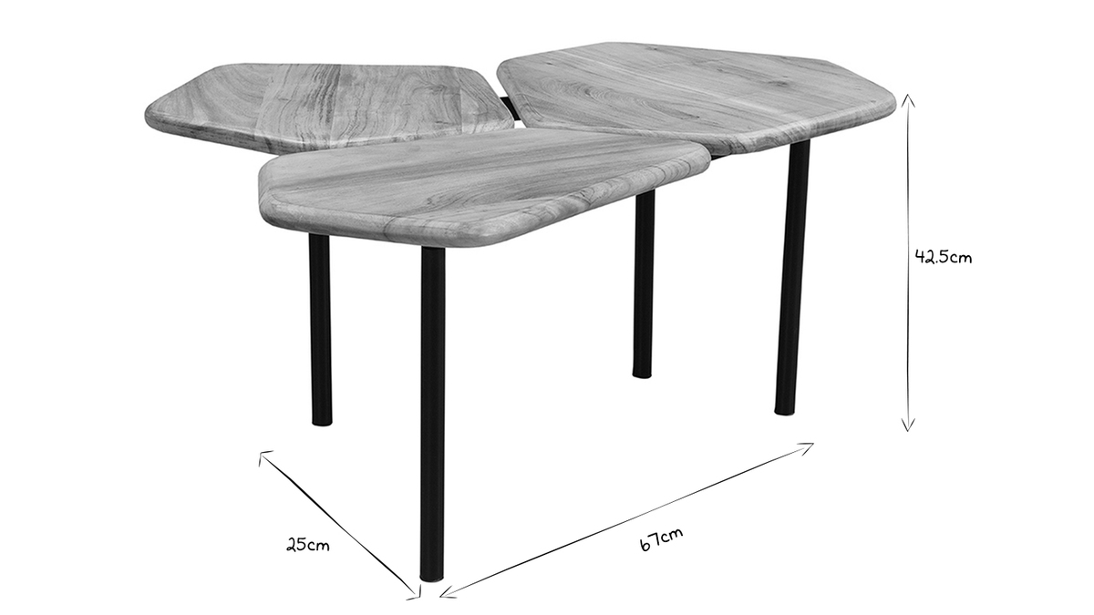 Table basse 3 plateaux bois massif et métal noir L95 cm SUZANE