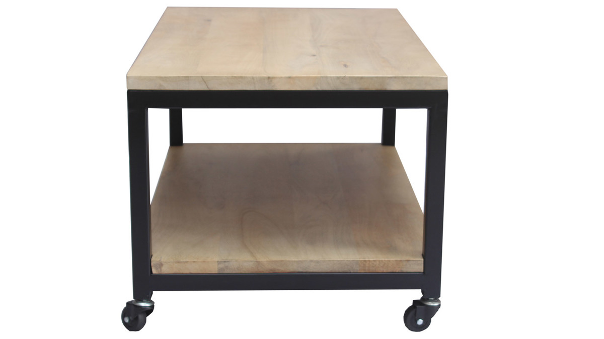 Table basse à roulettes industrielle bois clair manguier massif et métal noir L90 cm FACTORY
