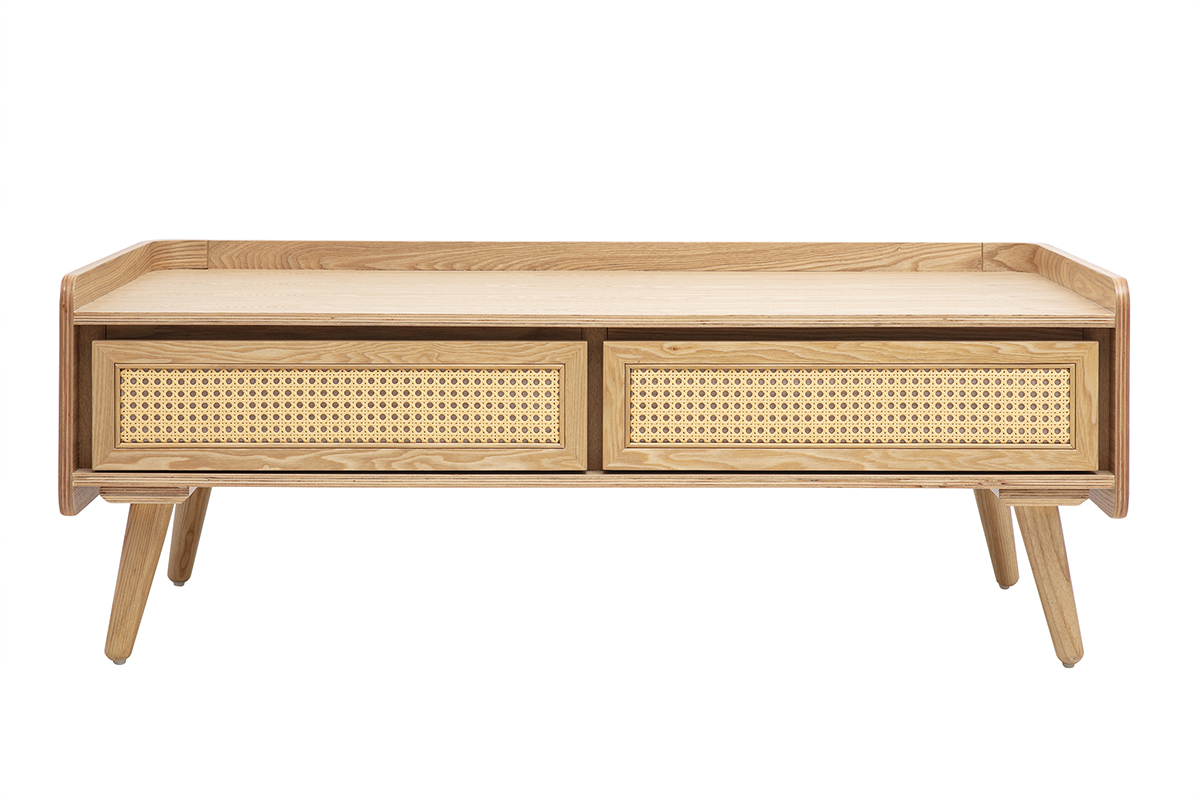 Table basse rectangulaire en bois fr�ne clair avec tiroirs en cannage rotin, vue de face
