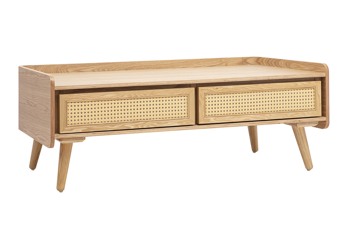 Table basse rectangulaire en bois clair fr�ne avec deux tiroirs en cannage rotin, vue de 3/4.