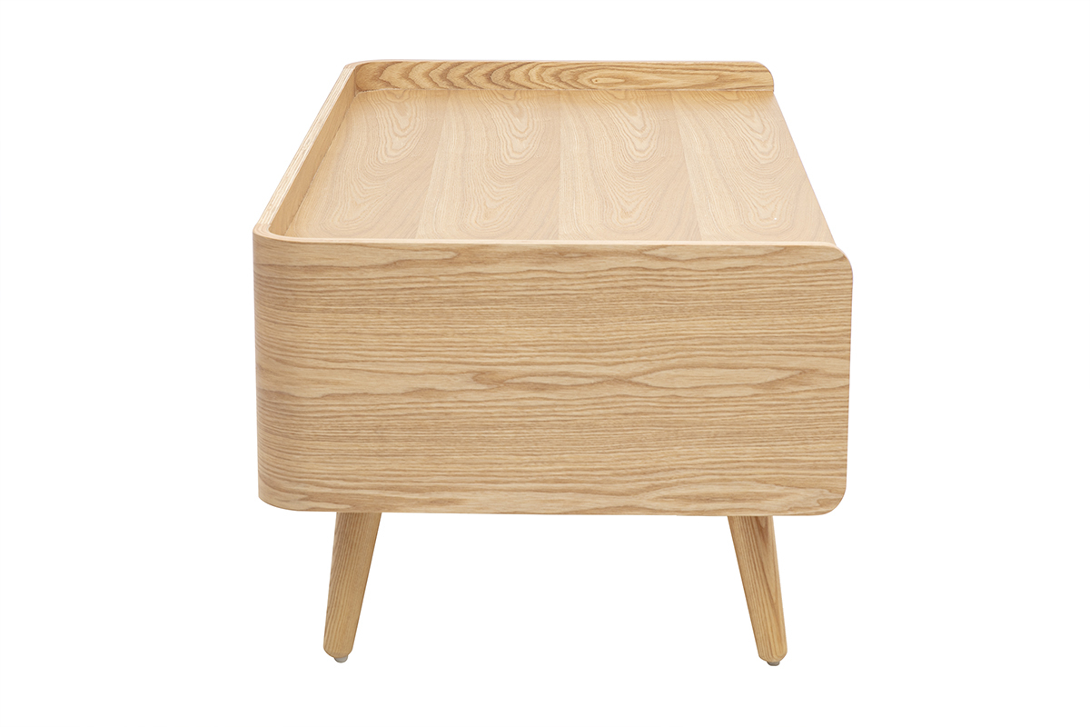 Table basse rectangulaire en bois clair fr�ne avec rangements et cannage rotin, vue de dos.