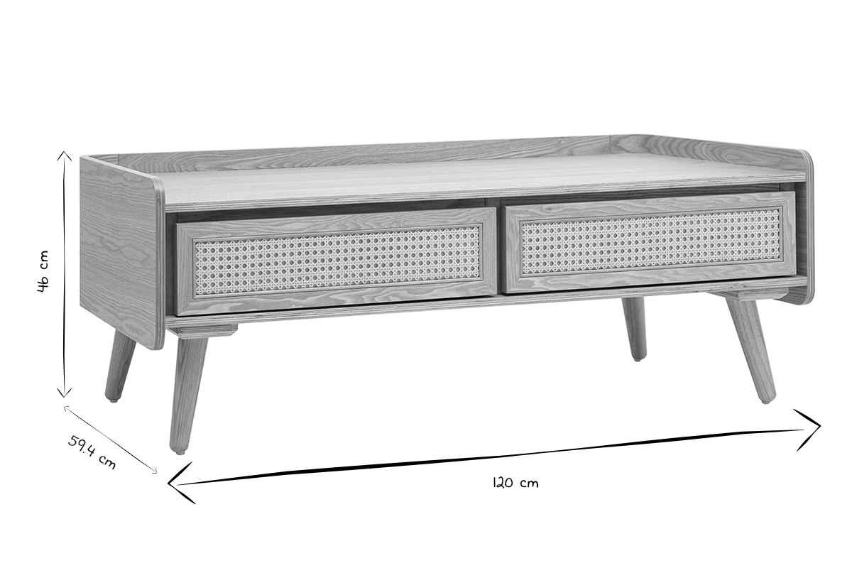Dimensions de la table basse ELSY : L120 cm, H46 cm, P59.4 cm, en noir et blanc.