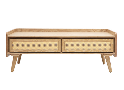 Table basse avec rangements en bois clair fr&ecirc;ne et cannage rotin L120 cm ELSY