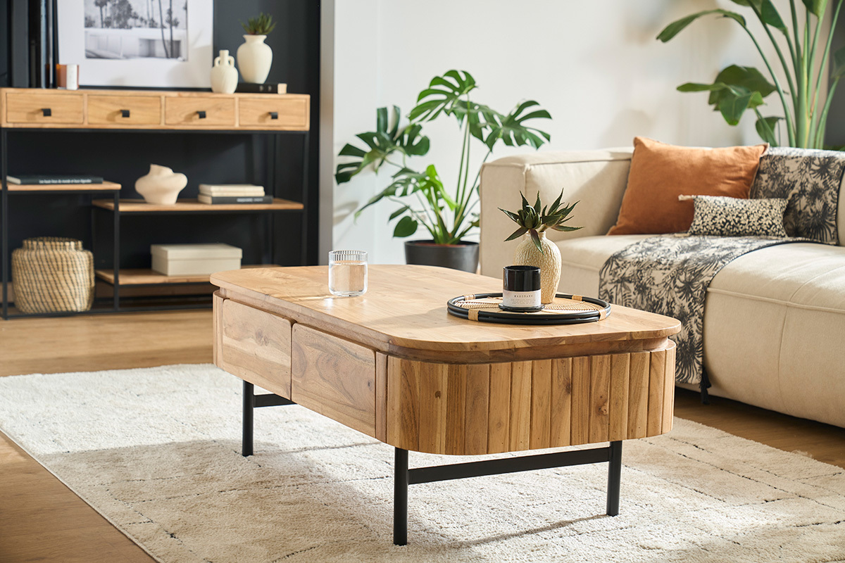 Table basse avec rangements en bois massif et mtal noir 4 tiroirs L115 cm NAPOLI