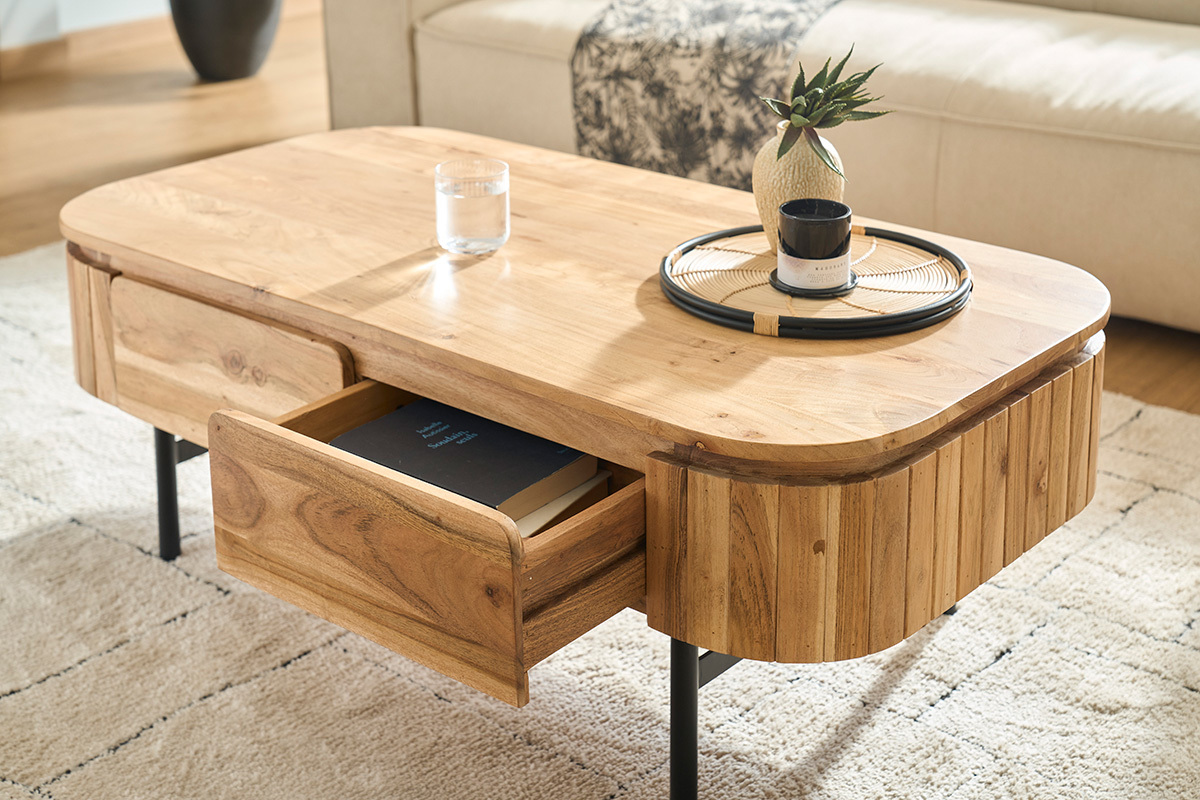 Table basse avec rangements en bois massif et mtal noir 4 tiroirs L115 cm NAPOLI