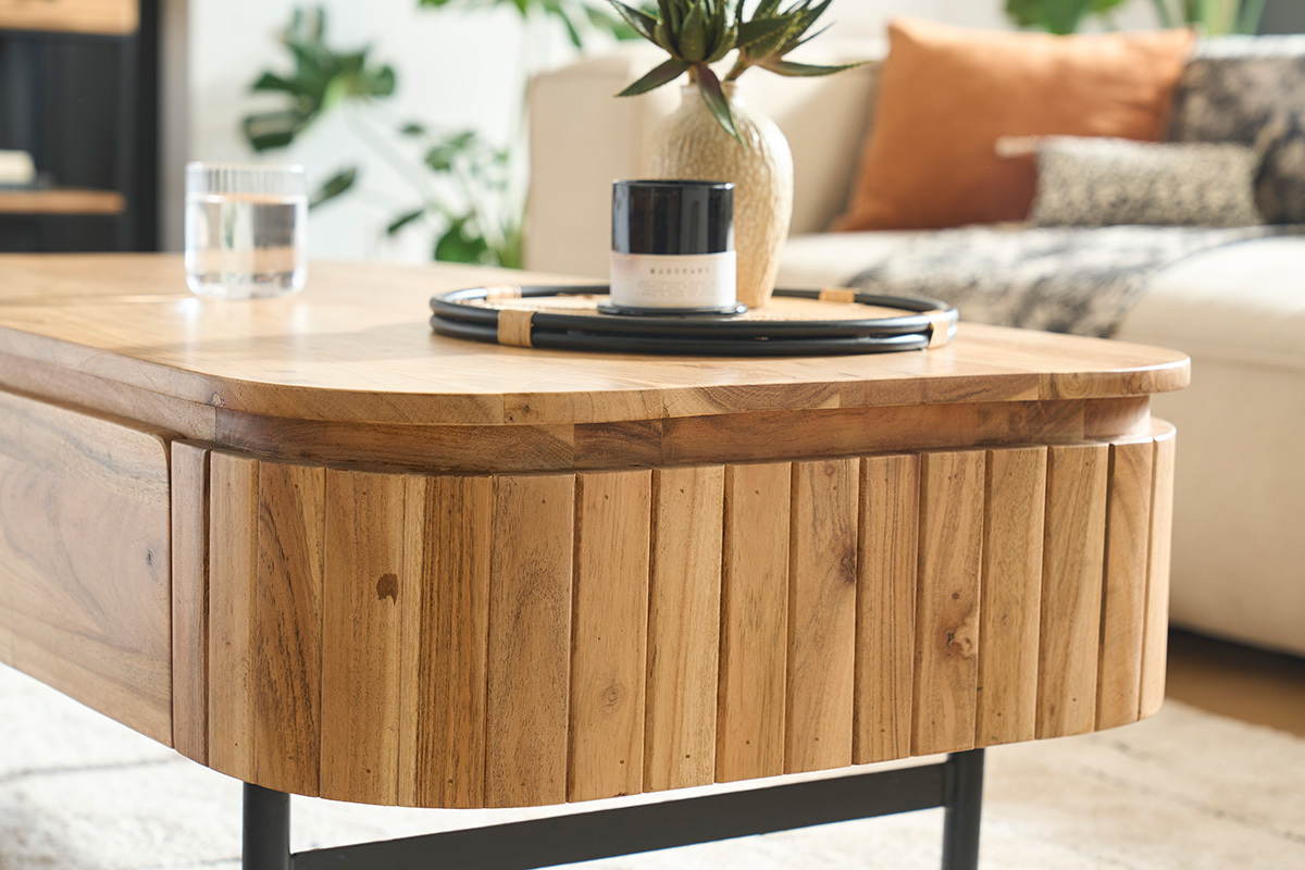 Table basse avec rangements en bois massif et mtal noir 4 tiroirs L115 cm NAPOLI