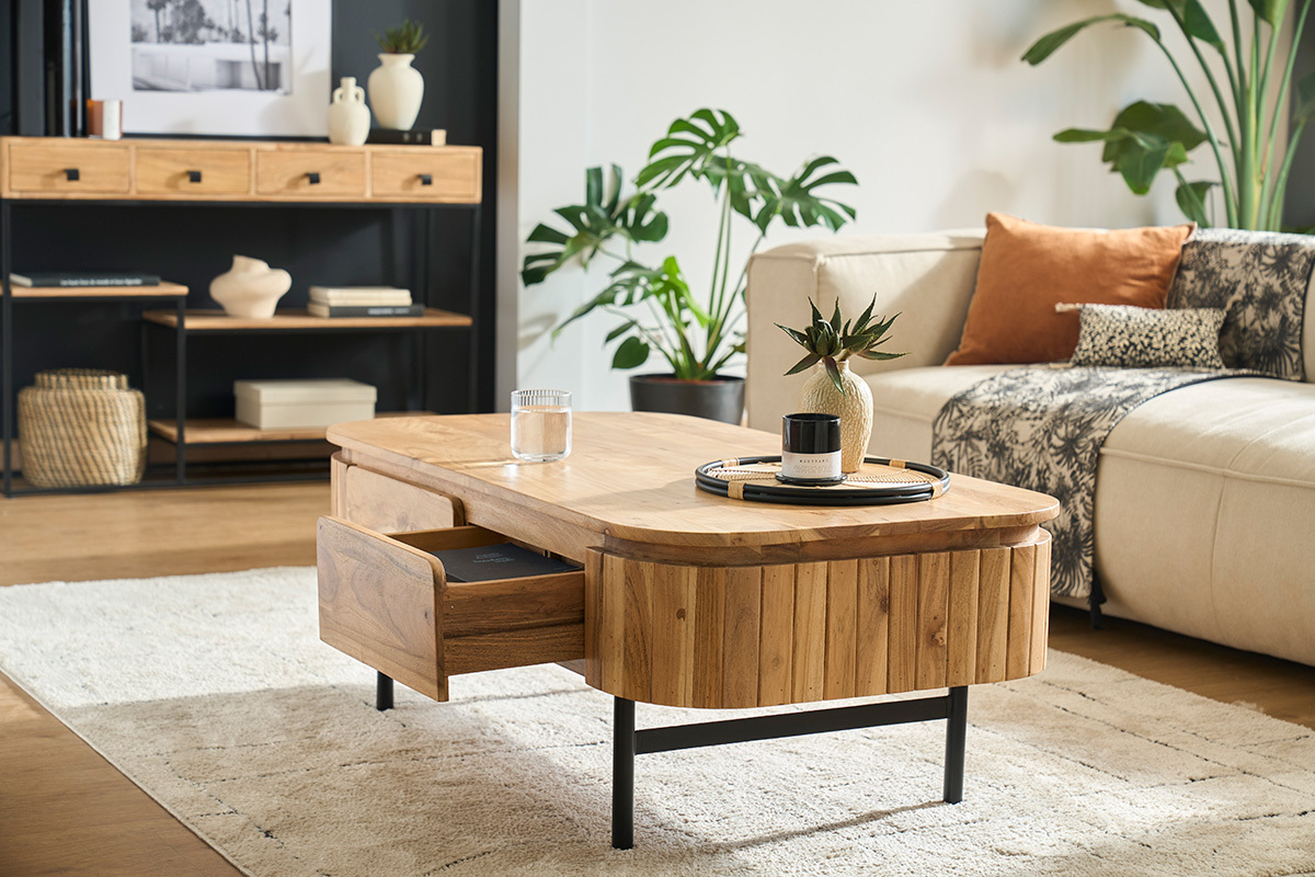 Table basse avec rangements en bois massif et mtal noir 4 tiroirs L115 cm NAPOLI