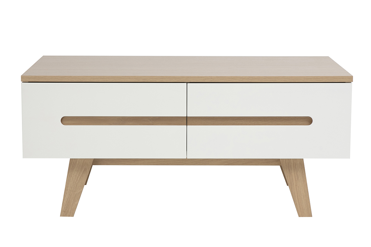 Table basse MELKA blanche laqu�e avec finition bois clair, 4 tiroirs, vue de face.