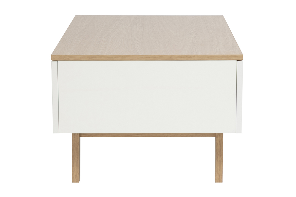 Table basse blanche laqu�e brillante avec plateau en bois clair et quatre tiroirs, vue de profil.