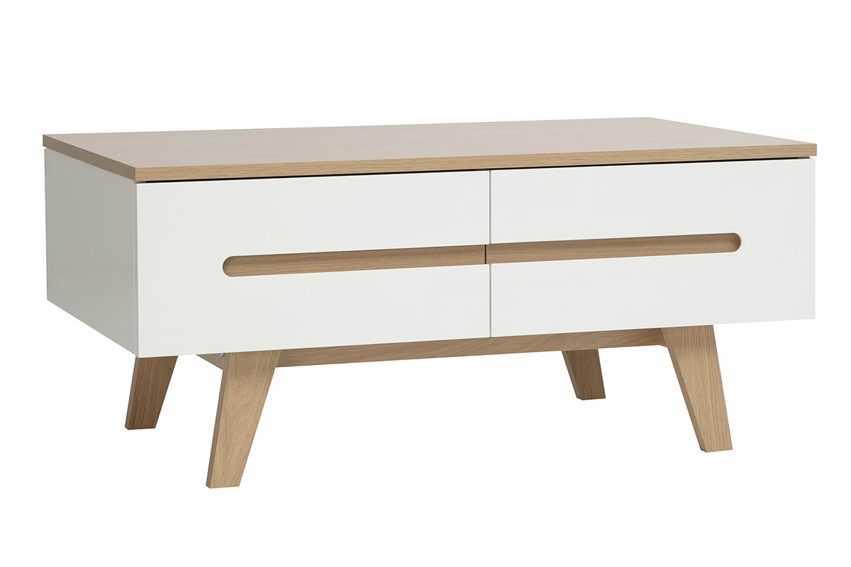 Table basse blanche laqu�e avec finition bois clair, quatre tiroirs, vue de 3/4.
