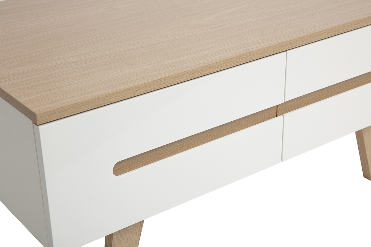 Table basse blanche laqu�e avec plateau en bois clair et quatre tiroirs, vue en d�tail