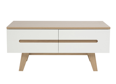 Table basse blanche laqu&eacute;e brillante et finition bois clair 4 tiroirs L100 cm MELKA