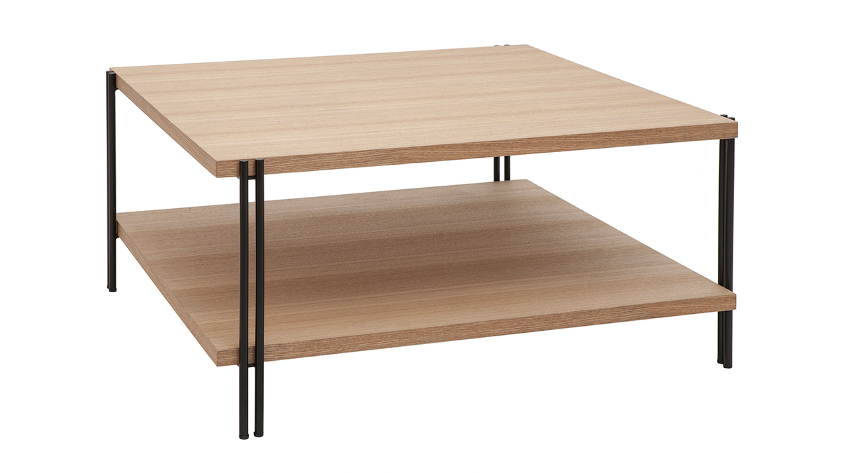 Table basse carrée avec double plateau bois clair et métal noir HARLAN