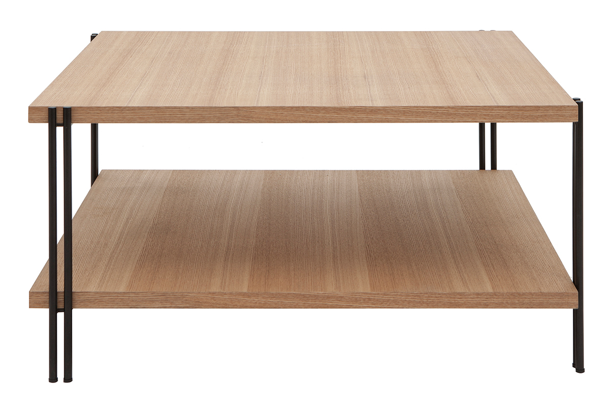 Table basse carr�e avec double plateau bois clair et m�tal noir L81 cm HARLAN