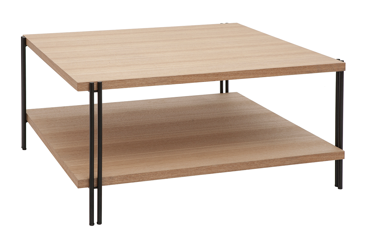 Table basse carr�e avec double plateau bois clair et m�tal noir L81 cm HARLAN