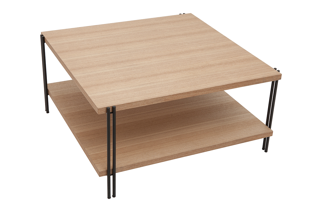 Table basse carr�e avec double plateau bois clair et m�tal noir L81 cm HARLAN