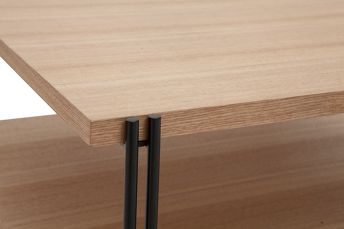 Table basse carr�e avec double plateau bois clair et m�tal noir L81 cm HARLAN