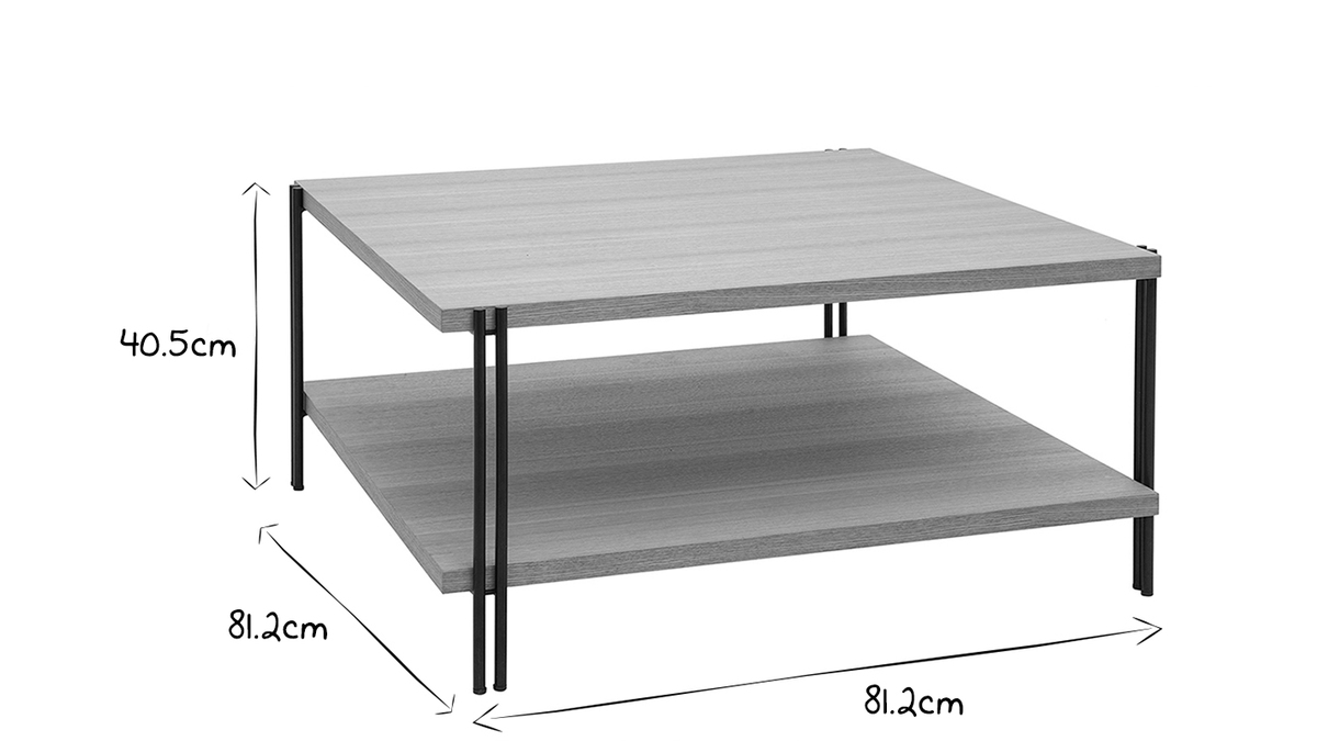 Table basse carre avec double plateau bois clair et mtal noir L81 cm HARLAN