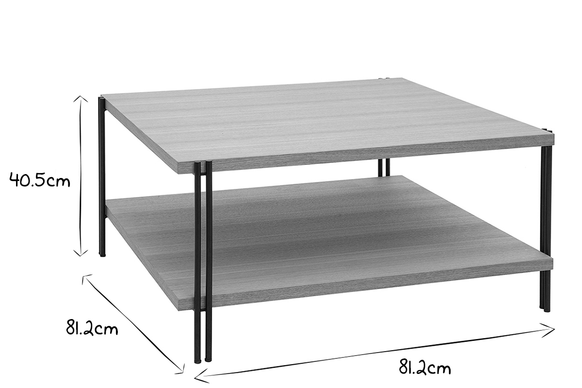 Table basse carr�e avec double plateau bois clair et m�tal noir L81 cm HARLAN