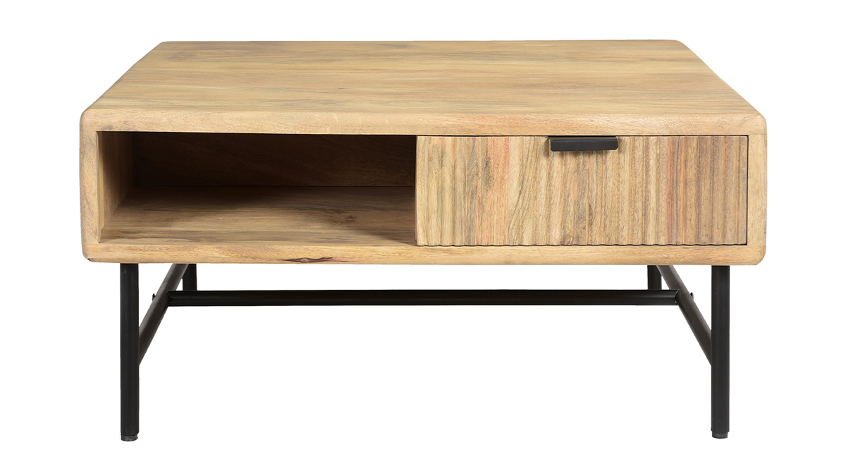 Table basse carrée avec rangements 2 tiroirs bois clair manguier massif L80 cm MORISSON