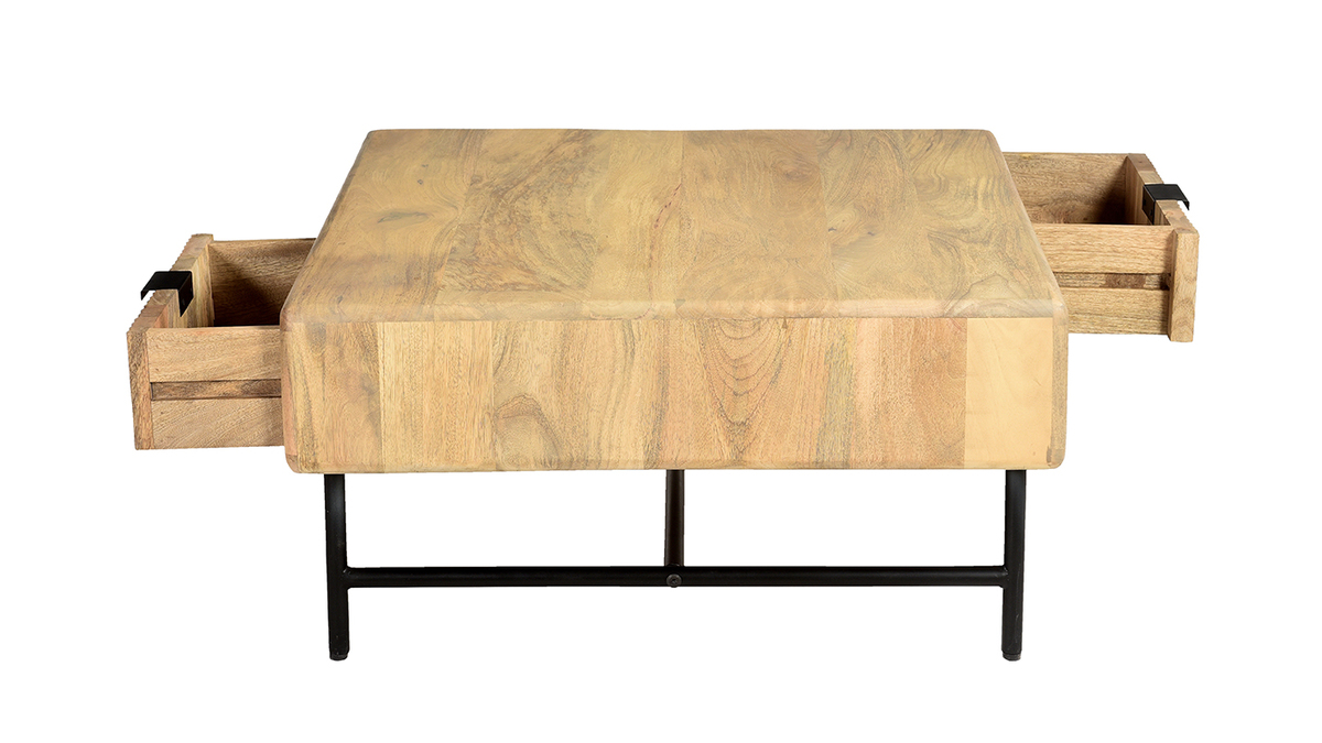 Table basse carrée avec rangements 2 tiroirs bois clair manguier massif L80 cm MORISSON