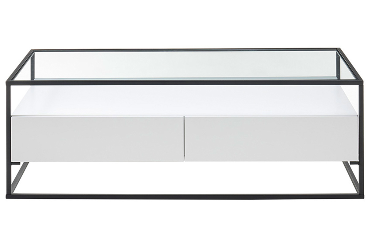 Table basse design avec plateau verre et tiroirs blancs rectangulaire FINN