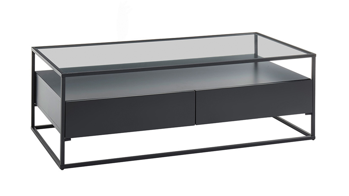 Table basse design avec plateau verre et tiroirs noirs FINN