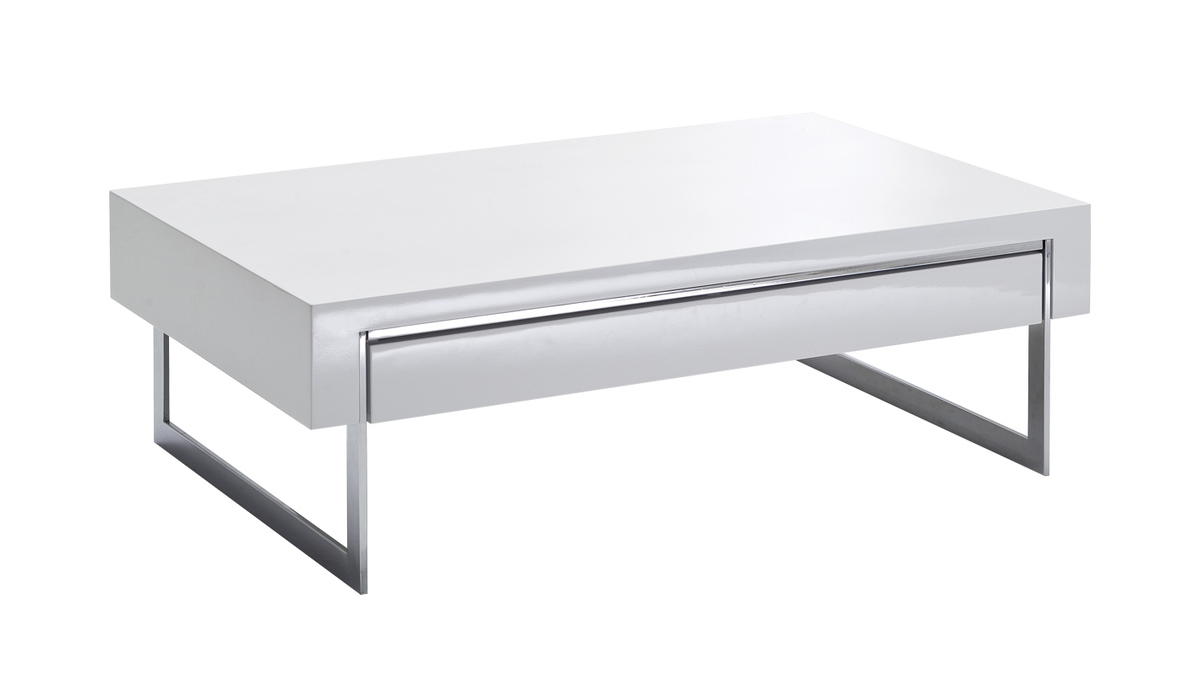 Table basse design avec tiroir blanc laqué et métal chromé COOPER