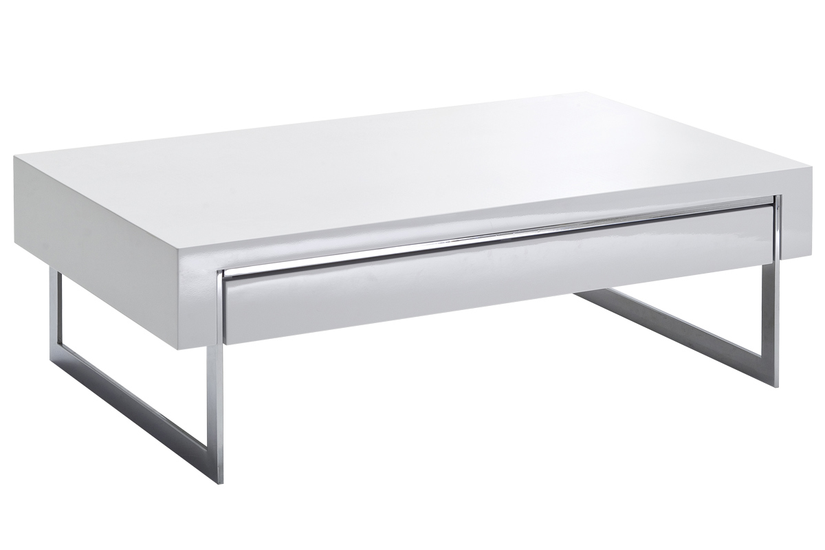 Table basse design avec tiroir blanc laqu et mtal chrom COOPER