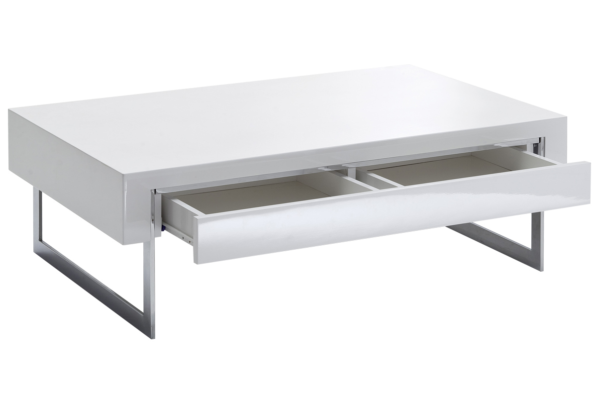 Table basse design avec tiroir blanc laqu et mtal chrom COOPER