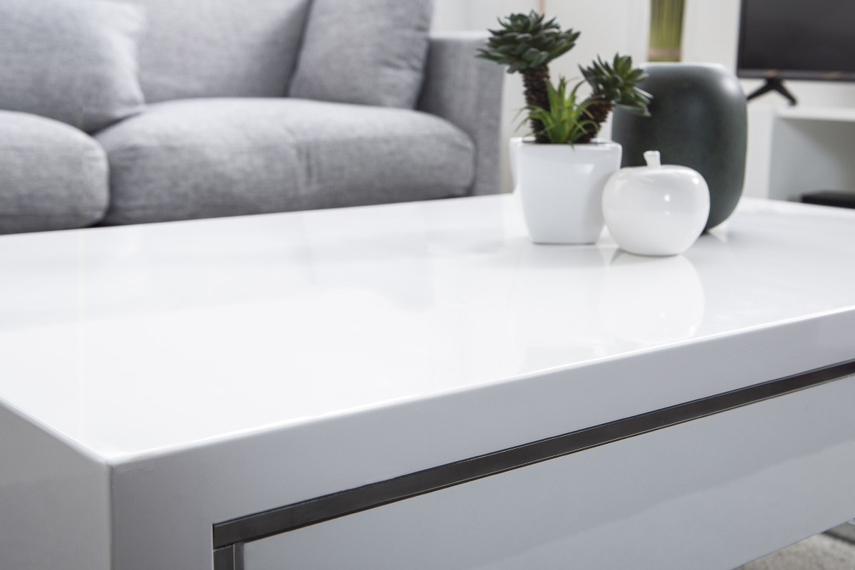 Table basse design avec tiroir blanc laqu et mtal chrom COOPER